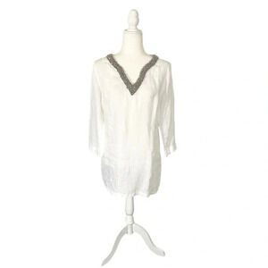 Cynthia Rowley Linen Beaded V-Neck Tunic
